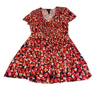 B. Calm XL Floral Print Dress Red Pink Navy Blue‎ Short Sleeve Womens